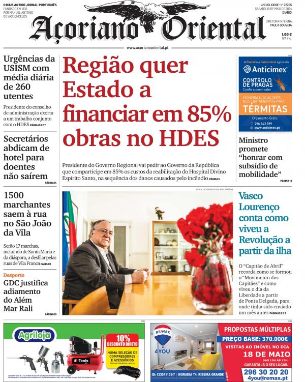 "Região quer Estado a financiar em 85% obras no HDES" é a manchete do Açoriano Oriental