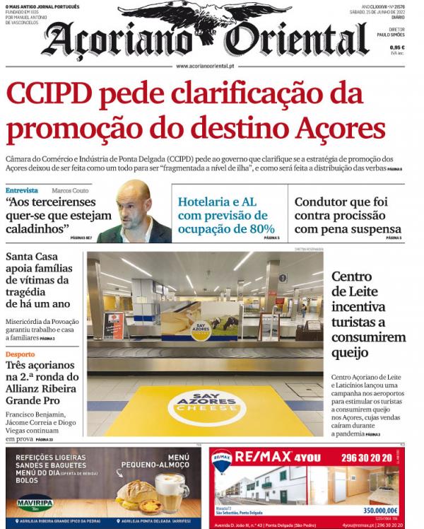 "CCIPD pede clarificação da promoção do destino Açores" é a manchete do Açoriano Oriental