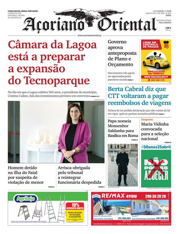 "Câmara da Lagoa está a preparar a expansão do Tecnoparque" é a manchete do Açoriano Oriental